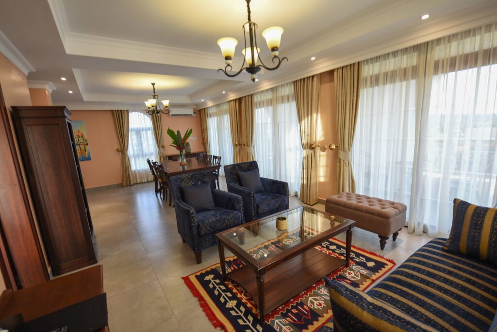 Penthouse Suite lounge at our boutique hotel in Munyonyo